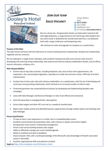 Dooleys Hotel Sales Vacancy